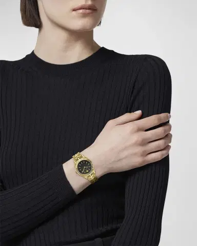 Versace 30mm Greca Time Watch with Bracelet Strap, Gold/Black | Thumbnail 2 Versace 30mm Greca Time Watch with Bracelet Strap, Gold/Black | Thumbnail 2