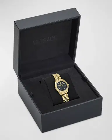 Versace 30mm Greca Time Watch with Bracelet Strap, Gold/Black | Thumbnail 5 Versace 30mm Greca Time Watch with Bracelet Strap, Gold/Black | Thumbnail 5