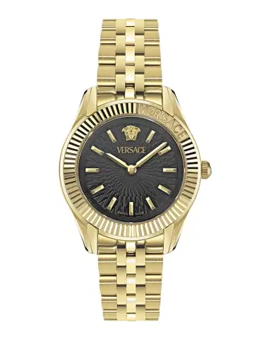 Versace 30mm Greca Time Watch with Bracelet Strap, Gold/Black | Thumbnail 1 Versace 30mm Greca Time Watch with Bracelet Strap, Gold/Black | Thumbnail 1