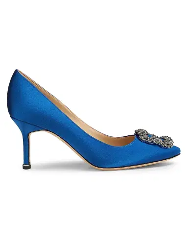 Manolo Blahnik Women's Hangisi 70MM Crystal-Embellished Satin Pumps - Blue | Thumbnail 1 Manolo Blahnik Women's Hangisi 70MM Crystal-Embellished Satin Pumps - Blue | Thumbnail 1