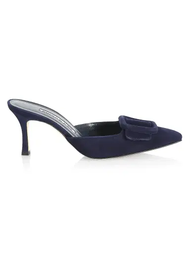Manolo Blahnik Women's Maysale 70MM Buckle Suede Mules | Thumbnail 1 Manolo Blahnik Women's Maysale 70MM Buckle Suede Mules | Thumbnail 1