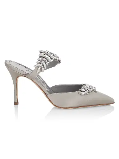 Manolo Blahnik Women's Lurum 90MM Embellished Satin Mules - Light Grey | Thumbnail 1 Manolo Blahnik Women's Lurum 90MM Embellished Satin Mules - Light Grey | Thumbnail 1