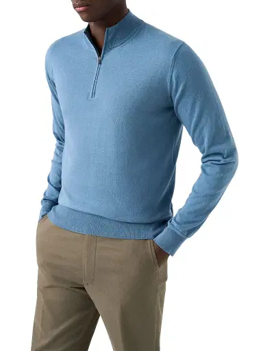 Eton Men's Cotton-Cashmere Fine Weave Quarter-Zip Sweater - Blue | Thumbnail 2 Eton Men's Cotton-Cashmere Fine Weave Quarter-Zip Sweater - Blue | Thumbnail 2