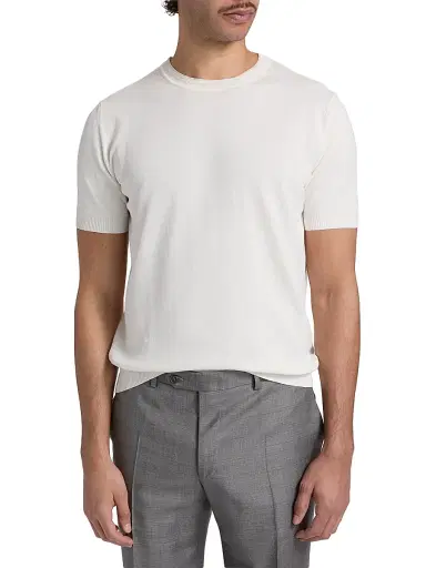 Canali Men's Contrast Tipped Knit Crewneck T-Shirt - White | Thumbnail 3 Canali Men's Contrast Tipped Knit Crewneck T-Shirt - White | Thumbnail 3