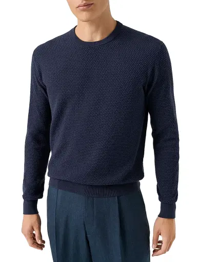 Eton Men's Popcorn-Stitch Cotton Crewneck Sweater - Blue | Thumbnail 2 Eton Men's Popcorn-Stitch Cotton Crewneck Sweater - Blue | Thumbnail 2