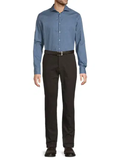 Canali Men's Solid Herringbone Woven Cotton Shirt - Dark Blue | Thumbnail 2 Canali Men's Solid Herringbone Woven Cotton Shirt - Dark Blue | Thumbnail 2