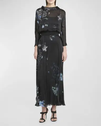 Giorgio Armani Floral Print Silk Gown with Smocked Waist | Thumbnail 2 Giorgio Armani Floral Print Silk Gown with Smocked Waist | Thumbnail 2
