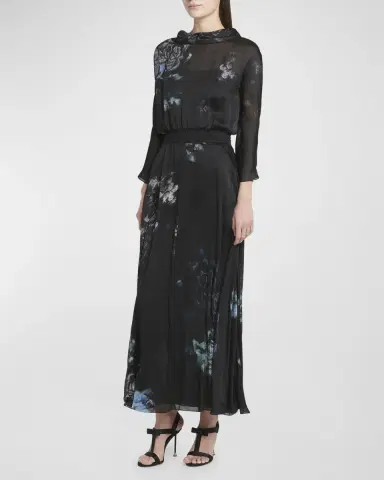 Giorgio Armani Floral Print Silk Gown with Smocked Waist | Thumbnail 3 Giorgio Armani Floral Print Silk Gown with Smocked Waist | Thumbnail 3