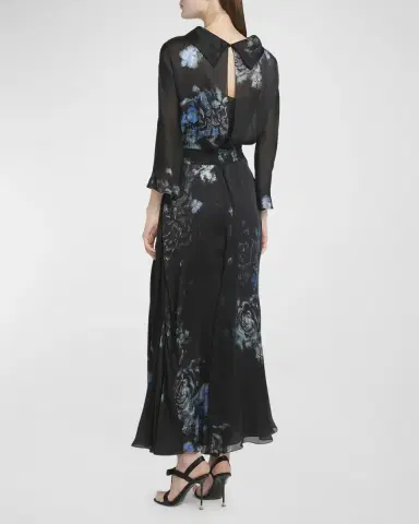Giorgio Armani Floral Print Silk Gown with Smocked Waist | Thumbnail 4 Giorgio Armani Floral Print Silk Gown with Smocked Waist | Thumbnail 4