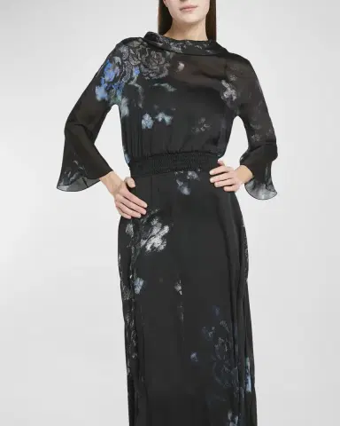 Giorgio Armani Floral Print Silk Gown with Smocked Waist | Thumbnail 7 Giorgio Armani Floral Print Silk Gown with Smocked Waist | Thumbnail 7