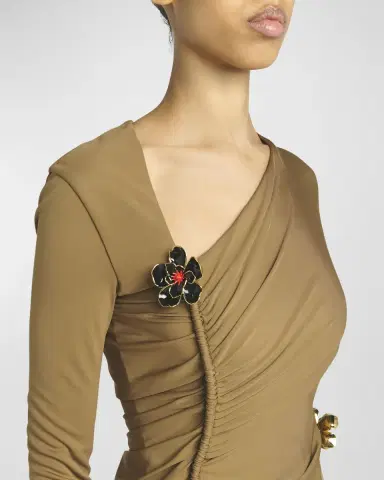 Bottega Veneta Flower-Applique Long-Sleeve Ruched Matte Crepe Viscose Jersey Dress | Thumbnail 5 Bottega Veneta Flower-Applique Long-Sleeve Ruched Matte Crepe Viscose Jersey Dress | Thumbnail 5