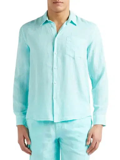 Vilebrequin Men's Caroubis Linen Button-Front Shirt - Lagon | Thumbnail 3 Vilebrequin Men's Caroubis Linen Button-Front Shirt - Lagon | Thumbnail 3