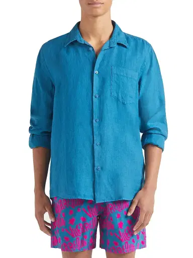 Vilebrequin Men's Long-Sleeve Linen Shirt - Paon | Thumbnail 4 Vilebrequin Men's Long-Sleeve Linen Shirt - Paon | Thumbnail 4