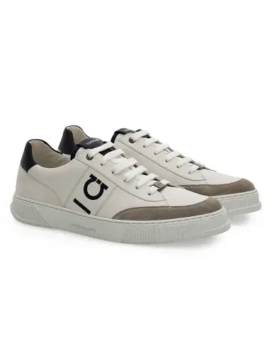 Ferragamo Men's Alaska Leather & Suede Low-Top Sneakers - Cement Bianco | Thumbnail 2 Ferragamo Men's Alaska Leather & Suede Low-Top Sneakers - Cement Bianco | Thumbnail 2