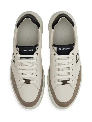 Ferragamo Men's Alaska Leather & Suede Low-Top Sneakers - Cement Bianco | Thumbnail 3 Ferragamo Men's Alaska Leather & Suede Low-Top Sneakers - Cement Bianco | Thumbnail 3