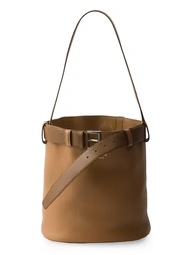 Prada Women's Buckle Leather Bucket Bag with Belt - Brown | Thumbnail 1 Prada Women's Buckle Leather Bucket Bag with Belt - Brown | Thumbnail 1