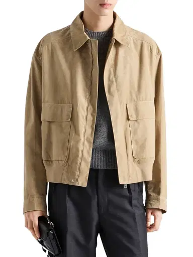 Prada Men's Suede and Cotton Bomber Jacket - Beige Khaki | Thumbnail 2 Prada Men's Suede and Cotton Bomber Jacket - Beige Khaki | Thumbnail 2