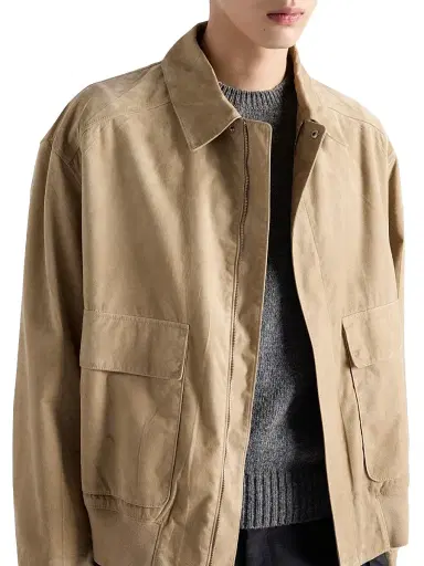 Prada Men's Suede and Cotton Bomber Jacket - Beige Khaki | Thumbnail 4 Prada Men's Suede and Cotton Bomber Jacket - Beige Khaki | Thumbnail 4