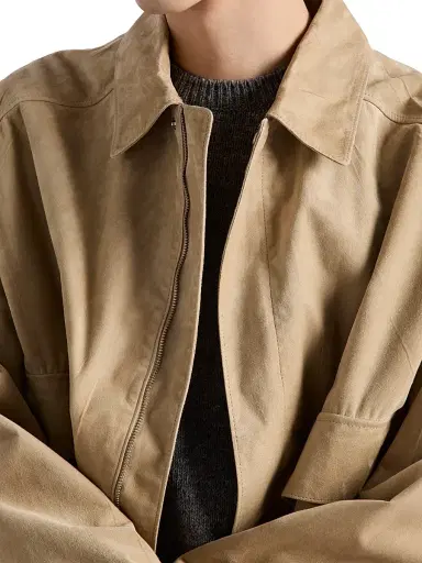 Prada Men's Suede and Cotton Bomber Jacket - Beige Khaki | Thumbnail 5 Prada Men's Suede and Cotton Bomber Jacket - Beige Khaki | Thumbnail 5