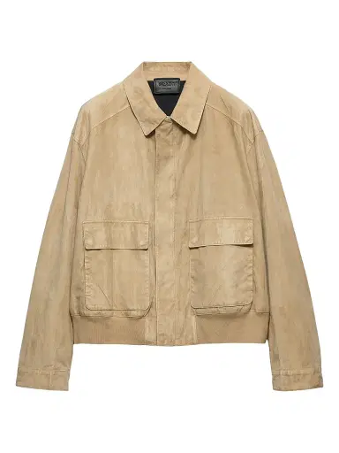 Prada Men's Suede and Cotton Bomber Jacket - Beige Khaki | Thumbnail 1 Prada Men's Suede and Cotton Bomber Jacket - Beige Khaki | Thumbnail 1