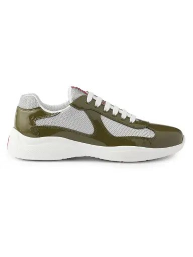 Prada Men's Patent Leather and Technical Fabric America's Cup Sneakers - Olive - Size 6.5 | Thumbnail 1 Prada Men's Patent Leather and Technical Fabric America's Cup Sneakers - Olive - Size 6.5 | Thumbnail 1