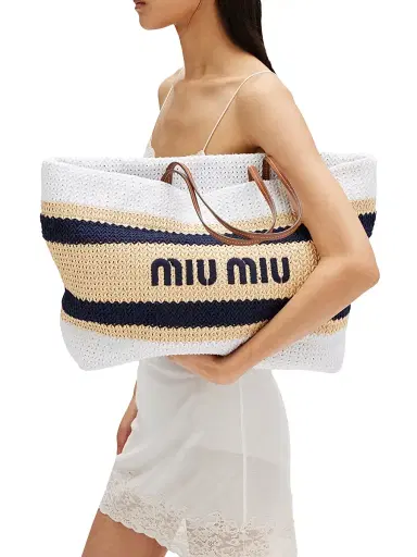 Miu Miu Women's Raffia-Effect Woven Shoulder Bag - Beige Khaki | Thumbnail 2 Miu Miu Women's Raffia-Effect Woven Shoulder Bag - Beige Khaki | Thumbnail 2