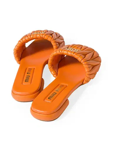 Miu Miu Women's Matelasse Nappa Leather Slides - Orange | Thumbnail 2 Miu Miu Women's Matelasse Nappa Leather Slides - Orange | Thumbnail 2