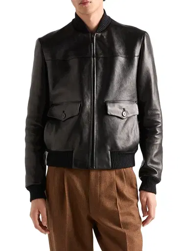 Prada Men's Leather Bomber Jacket - Black - Size 44 | Thumbnail 2 Prada Men's Leather Bomber Jacket - Black - Size 44 | Thumbnail 2
