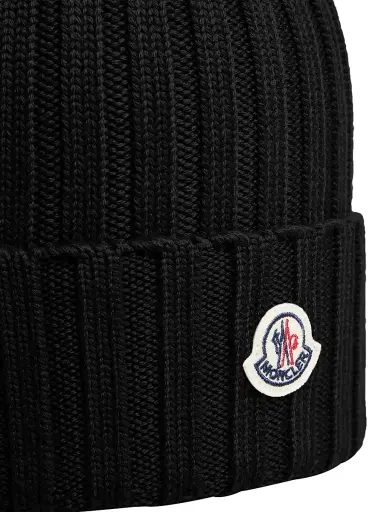 Moncler Women's Wool Ribbed Knit Logo Beanie - Black | Thumbnail 3 Moncler Women's Wool Ribbed Knit Logo Beanie - Black | Thumbnail 3