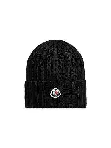 Moncler Women's Wool Ribbed Knit Logo Beanie - Black | Thumbnail 1 Moncler Women's Wool Ribbed Knit Logo Beanie - Black | Thumbnail 1