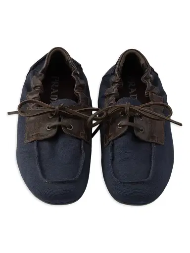 Prada Men's Shuffle Aged Canvas and Leather Boat Shoes - Blue | Thumbnail 2 Prada Men's Shuffle Aged Canvas and Leather Boat Shoes - Blue | Thumbnail 2