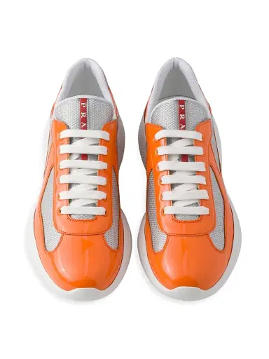 Prada Men's Patent Leather and Technical Fabric America's Cup Sneakers - Orange White | Thumbnail 2 Prada Men's Patent Leather and Technical Fabric America's Cup Sneakers - Orange White | Thumbnail 2