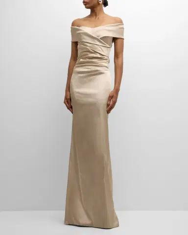 Rickie Freeman for Teri Jon Pleated Off-Shoulder Satin Column Gown | Thumbnail 2 Rickie Freeman for Teri Jon Pleated Off-Shoulder Satin Column Gown | Thumbnail 2