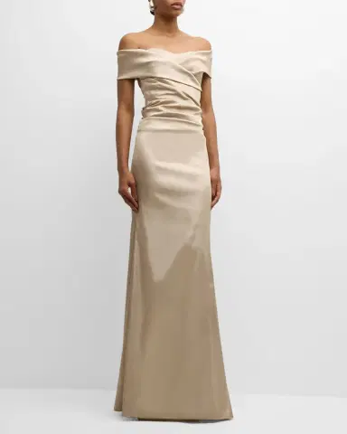 Rickie Freeman for Teri Jon Pleated Off-Shoulder Satin Column Gown | Thumbnail 3 Rickie Freeman for Teri Jon Pleated Off-Shoulder Satin Column Gown | Thumbnail 3