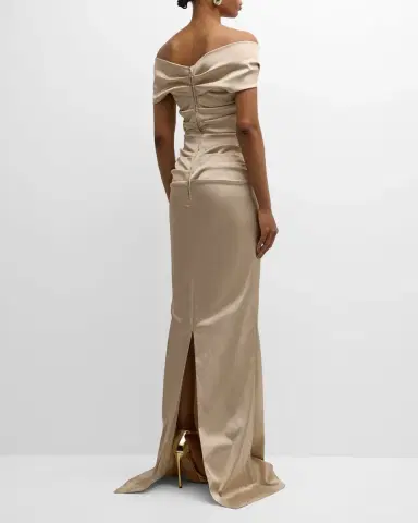 Rickie Freeman for Teri Jon Pleated Off-Shoulder Satin Column Gown | Thumbnail 4 Rickie Freeman for Teri Jon Pleated Off-Shoulder Satin Column Gown | Thumbnail 4