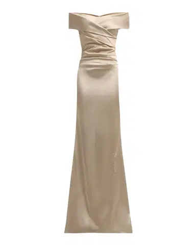 Rickie Freeman for Teri Jon Pleated Off-Shoulder Satin Column Gown | Thumbnail 1 Rickie Freeman for Teri Jon Pleated Off-Shoulder Satin Column Gown | Thumbnail 1