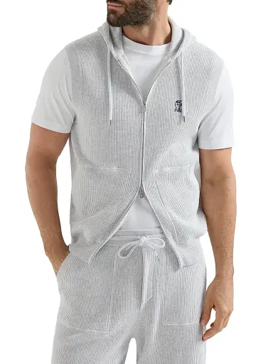 Brunello Cucinelli Men's Cotton English Rib Knit Hooded Vest with Logo and Zipper - Fog | Thumbnail 2 Brunello Cucinelli Men's Cotton English Rib Knit Hooded Vest with Logo and Zipper - Fog | Thumbnail 2