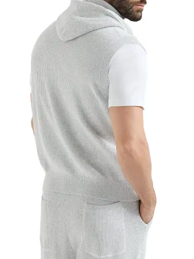 Brunello Cucinelli Men's Cotton English Rib Knit Hooded Vest with Logo and Zipper - Fog | Thumbnail 3 Brunello Cucinelli Men's Cotton English Rib Knit Hooded Vest with Logo and Zipper - Fog | Thumbnail 3