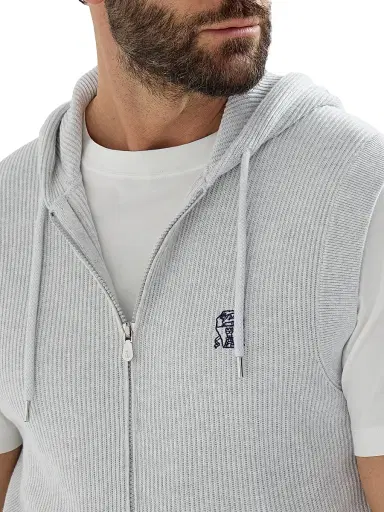 Brunello Cucinelli Men's Cotton English Rib Knit Hooded Vest with Logo and Zipper - Fog | Thumbnail 4 Brunello Cucinelli Men's Cotton English Rib Knit Hooded Vest with Logo and Zipper - Fog | Thumbnail 4
