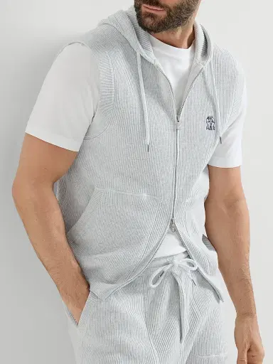 Brunello Cucinelli Men's Cotton English Rib Knit Hooded Vest with Logo and Zipper - Fog | Thumbnail 5 Brunello Cucinelli Men's Cotton English Rib Knit Hooded Vest with Logo and Zipper - Fog | Thumbnail 5