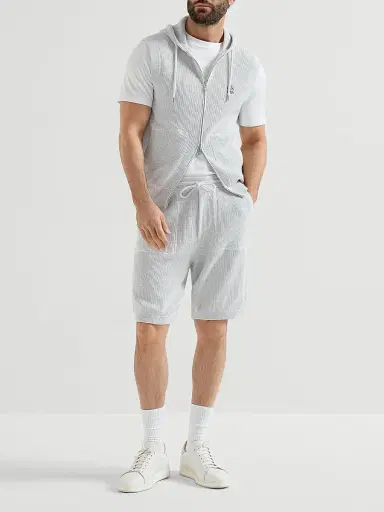 Brunello Cucinelli Men's Cotton English Rib Knit Hooded Vest with Logo and Zipper - Fog | Thumbnail 6 Brunello Cucinelli Men's Cotton English Rib Knit Hooded Vest with Logo and Zipper - Fog | Thumbnail 6