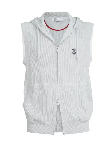 Brunello Cucinelli Men's Cotton English Rib Knit Hooded Vest with Logo and Zipper - Fog | Thumbnail 1 Brunello Cucinelli Men's Cotton English Rib Knit Hooded Vest with Logo and Zipper - Fog | Thumbnail 1