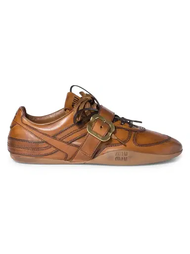 Miu Miu Women's Leather Sneakers with Buckle - Brown | Thumbnail 1 Miu Miu Women's Leather Sneakers with Buckle - Brown | Thumbnail 1