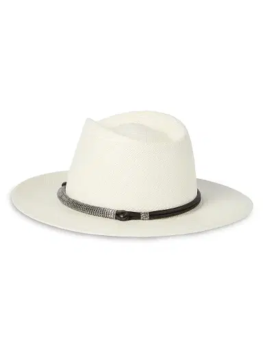 Brunello Cucinelli Women's Straw Fedora with Precious Leather Band - White | Thumbnail 2 Brunello Cucinelli Women's Straw Fedora with Precious Leather Band - White | Thumbnail 2
