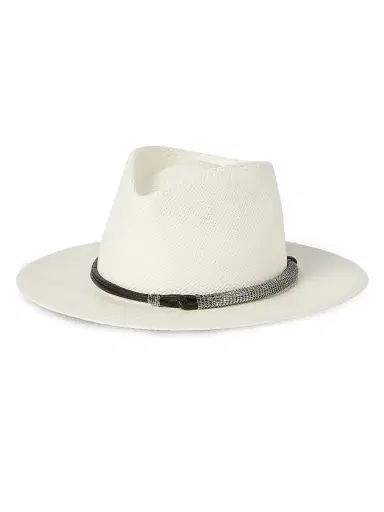 Brunello Cucinelli Women's Straw Fedora with Precious Leather Band - White | Thumbnail 1 Brunello Cucinelli Women's Straw Fedora with Precious Leather Band - White | Thumbnail 1