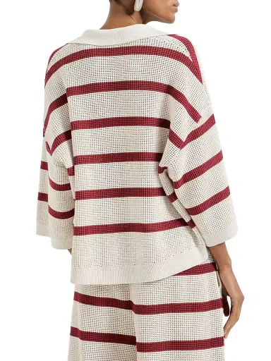 Brunello Cucinelli Women's Cotton Striped Net Knit Polo Shirt - Bordeaux | Thumbnail 3 Brunello Cucinelli Women's Cotton Striped Net Knit Polo Shirt - Bordeaux | Thumbnail 3