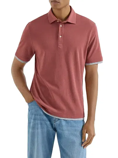 Brunello Cucinelli Men's Cotton Piqué Shirt Style Collar Polo with Faux Layering - Coral | Thumbnail 2 Brunello Cucinelli Men's Cotton Piqué Shirt Style Collar Polo with Faux Layering - Coral | Thumbnail 2