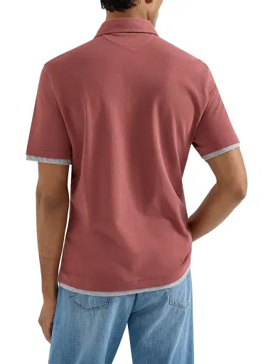 Brunello Cucinelli Men's Cotton Piqué Shirt Style Collar Polo with Faux Layering - Coral | Thumbnail 3 Brunello Cucinelli Men's Cotton Piqué Shirt Style Collar Polo with Faux Layering - Coral | Thumbnail 3
