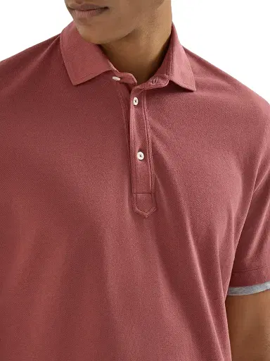 Brunello Cucinelli Men's Cotton Piqué Shirt Style Collar Polo with Faux Layering - Coral | Thumbnail 4 Brunello Cucinelli Men's Cotton Piqué Shirt Style Collar Polo with Faux Layering - Coral | Thumbnail 4