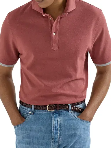 Brunello Cucinelli Men's Cotton Piqué Shirt Style Collar Polo with Faux Layering - Coral | Thumbnail 5 Brunello Cucinelli Men's Cotton Piqué Shirt Style Collar Polo with Faux Layering - Coral | Thumbnail 5